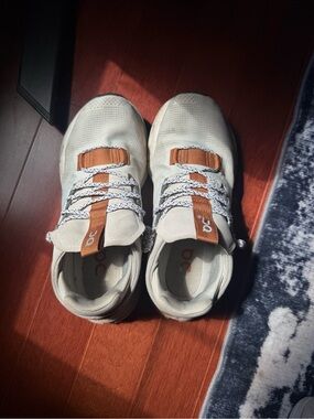 On Running Sneakers in Light Gray with Tan Trim